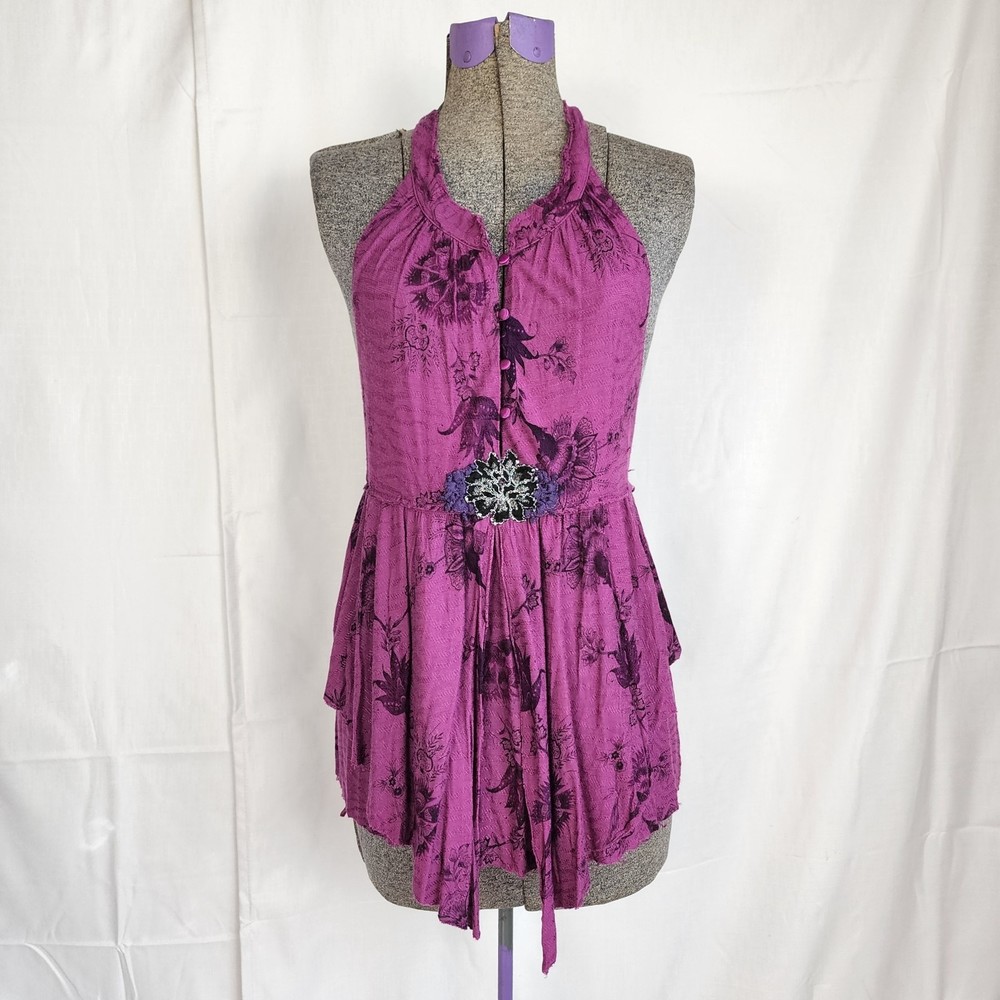 Free People Boho Halter Tunic Top in Purple with Floral Print